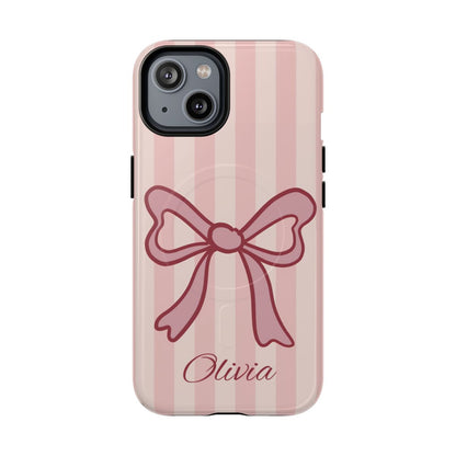 Personalized Pink Bow Phone Case – Soft Pastel Striped Coquette Aesthetic