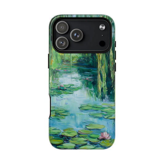 Phone case featuring a lush green lily pond with floating pink flowers in an impressionist painting style.