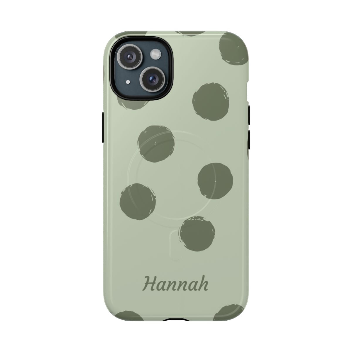 Personalized Sage Green Polka Dot Phone Case – Custom Name Matcha Aesthetic