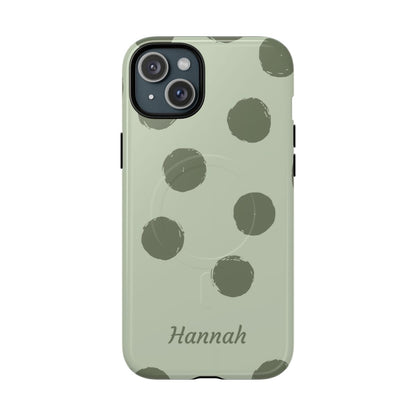 Personalized Sage Green Polka Dot Phone Case – Custom Name Matcha Aesthetic