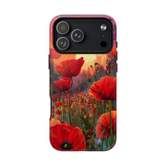 Impressionist phone case featuring a dense field of large red poppies glowing under a warm golden sun.