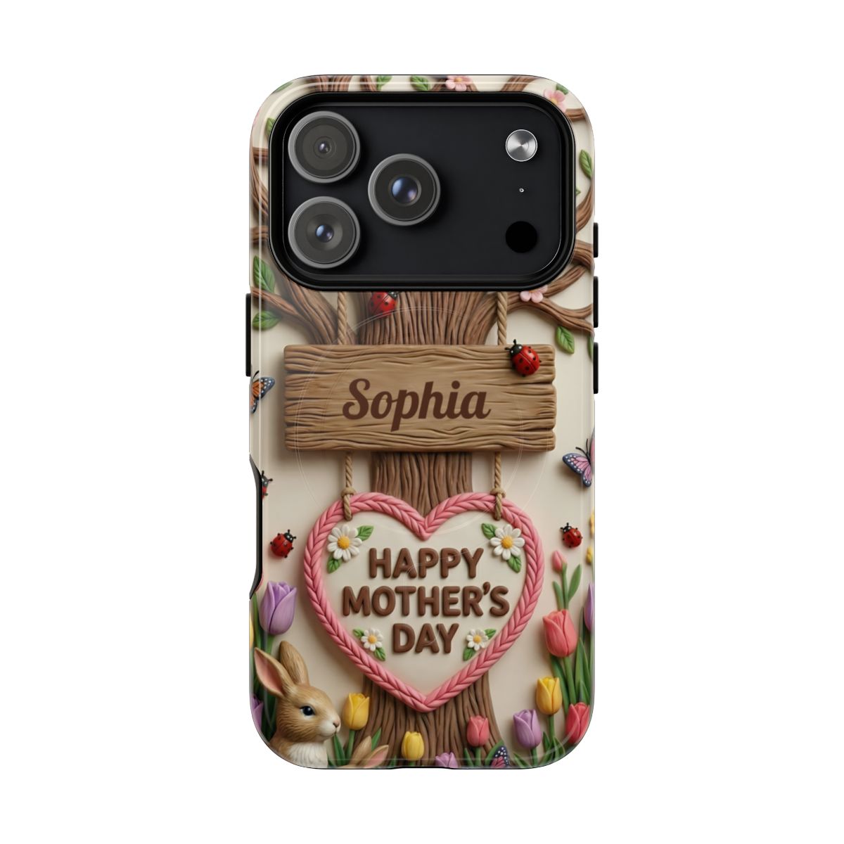 3D clay-style iPhone case featuring a textured tree, a cute rabbit, and a wooden sign personalized with the name