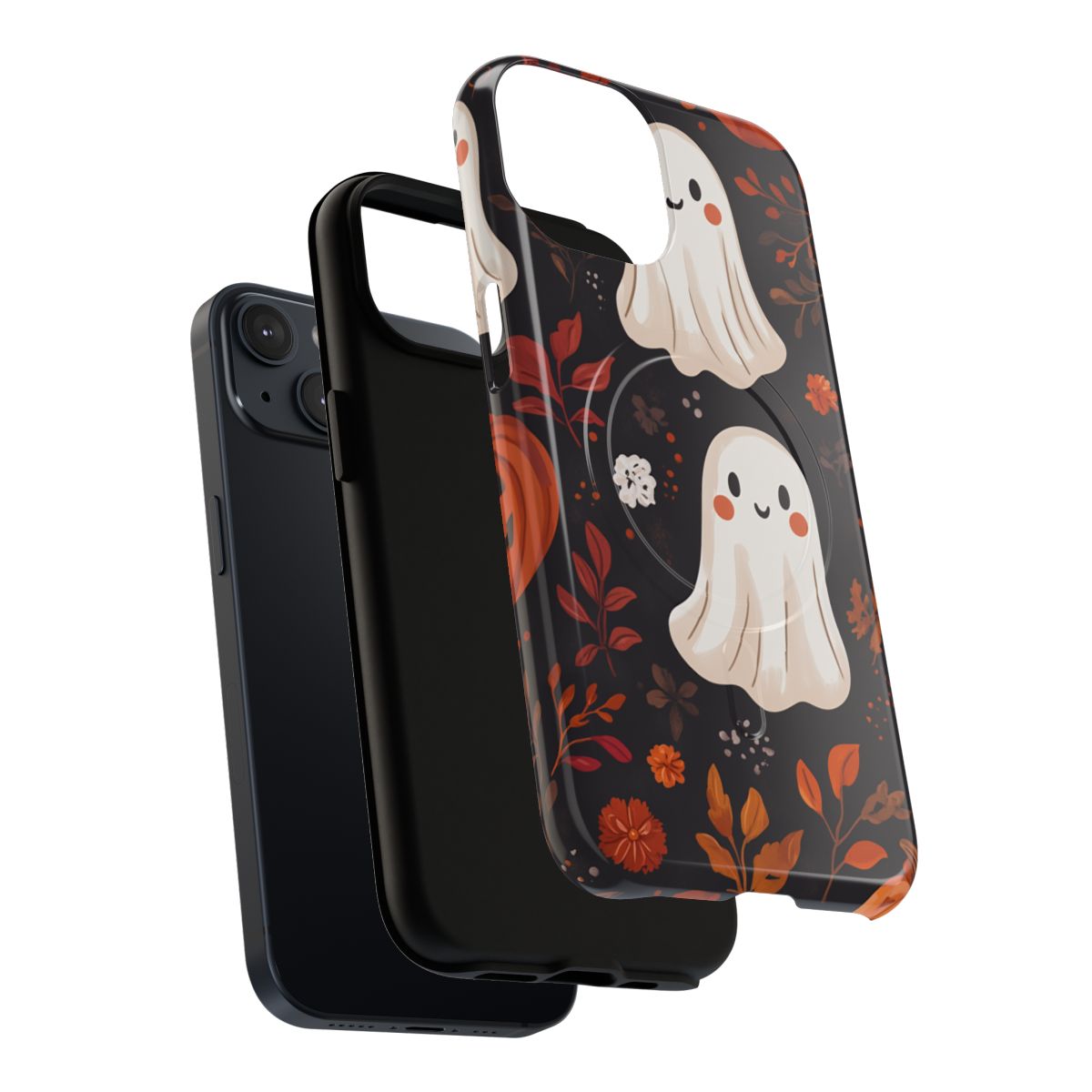 Spooky cute Halloween phone case with a cartoon ghost and autumnal botanical illustrations.