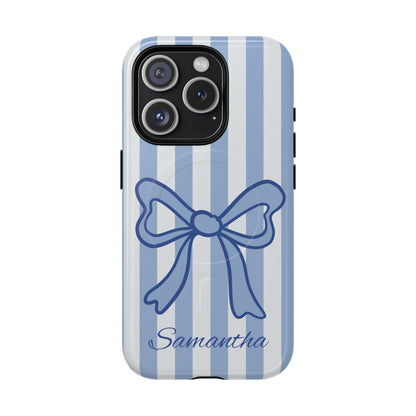 Personalized Coquette Bow Phone Case – Blue Striped Preppy Ribbon Aesthetic