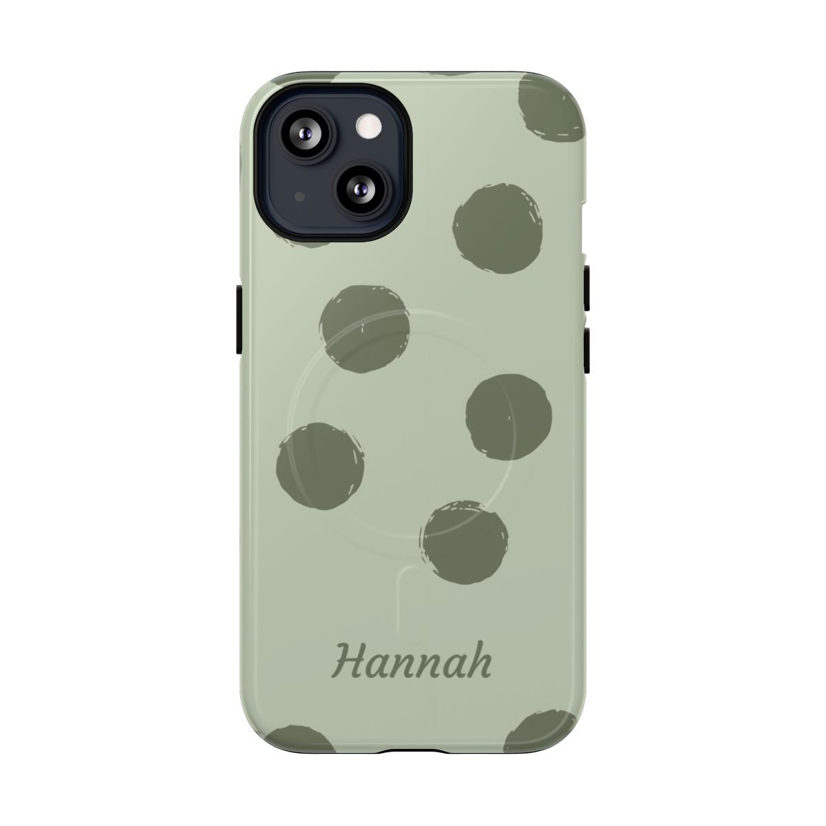 Personalized Sage Green Polka Dot Phone Case – Custom Name Matcha Aesthetic