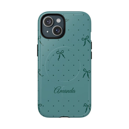 Personalized Teal Bow Phone Case – Custom Name Coquette Polka Dot Aesthetic