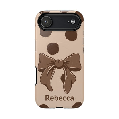 Personalized Brown Polka Dot Bow Phone Case – Custom Name Coquette Retro Aesthetic