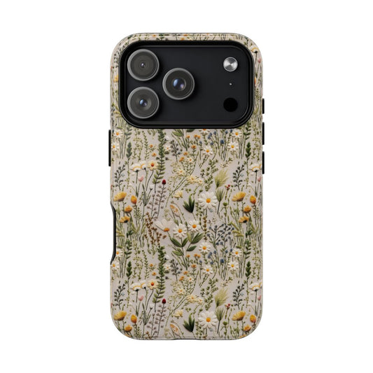 Woven Field Phone Case – Neutral Daisy Embroidery Floral Aesthetic