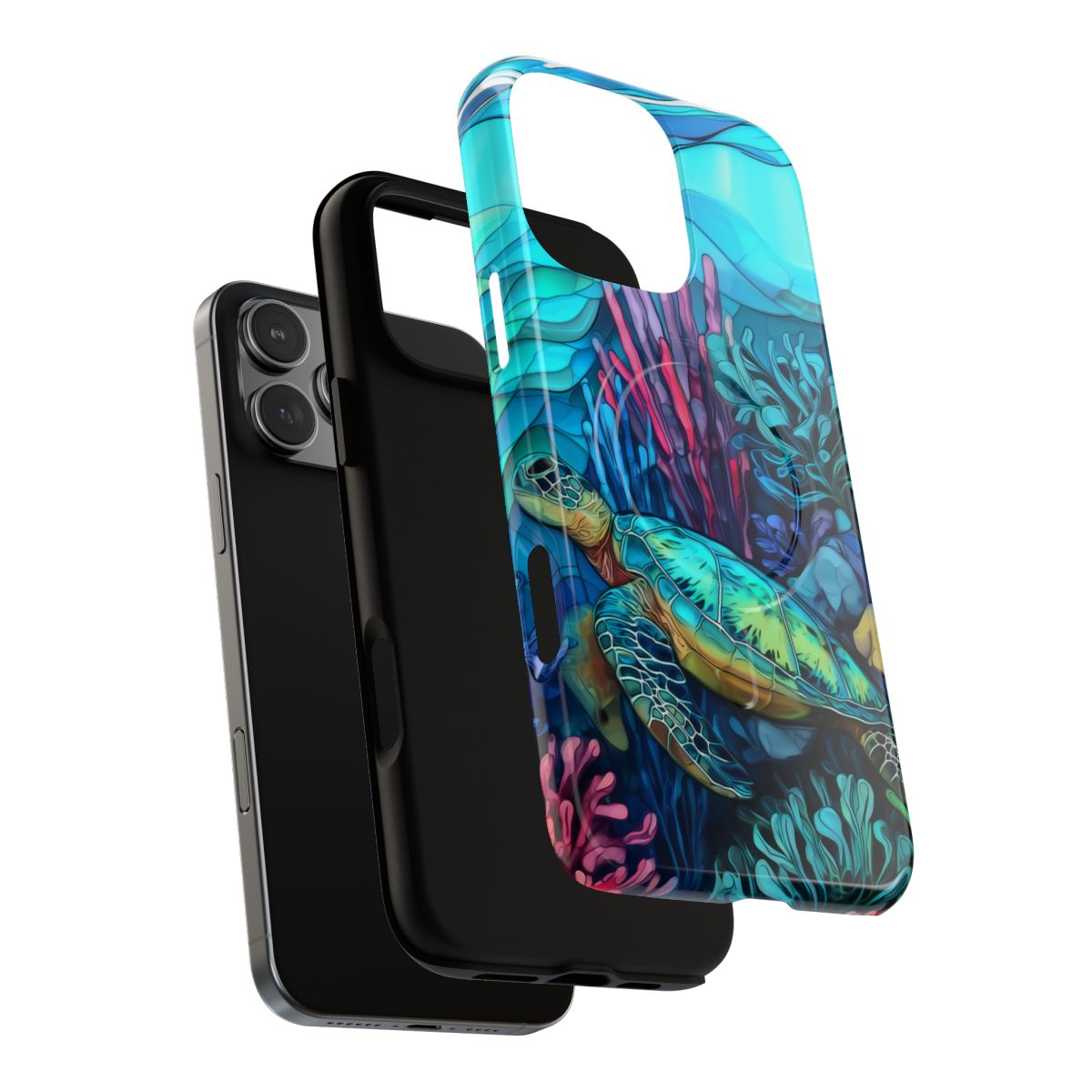 Protective phone case with a unique stained glass illustration of marine life and sea turtles.