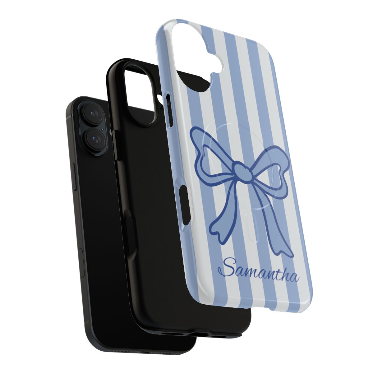 Custom name phone case for girls featuring a trendy blue bow design and coquette style.