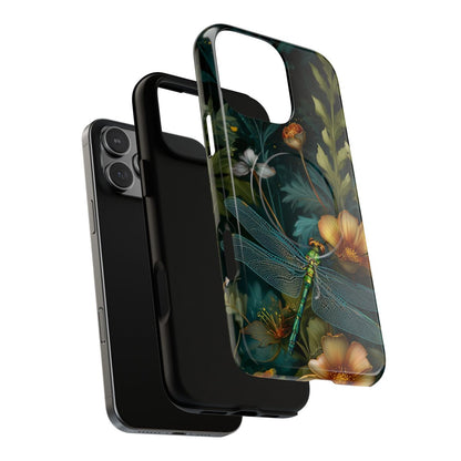 Back of a protective phone case with a vintage-style botanical illustration of a dragonfly in a garden.