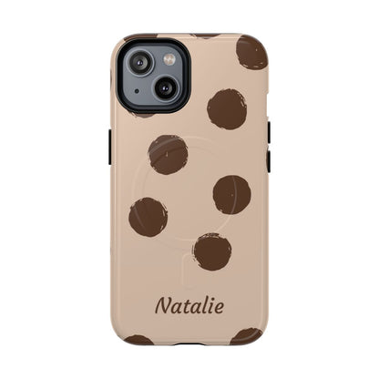 Personalized Brown Polka Dot Phone Case – Custom Name Neutral Boho Aesthetic