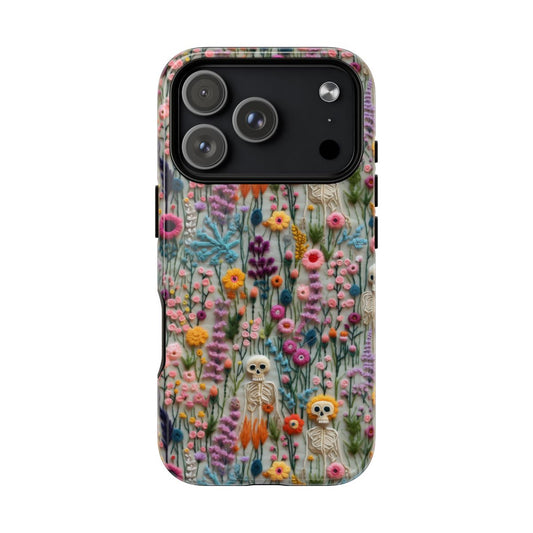 Embroidered Skeleton Flower Phone Case - Gothic Floral Art