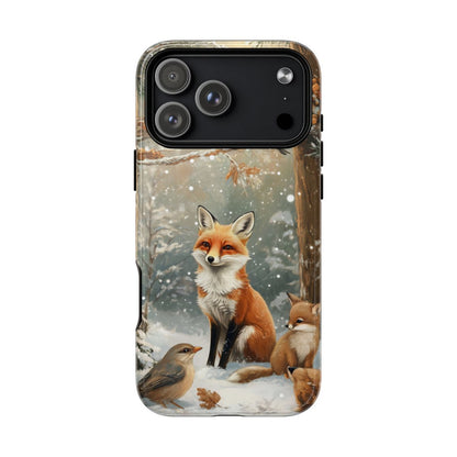 Winter-themed phone case featuring a realistic red fox and its cub in a snowy forest.