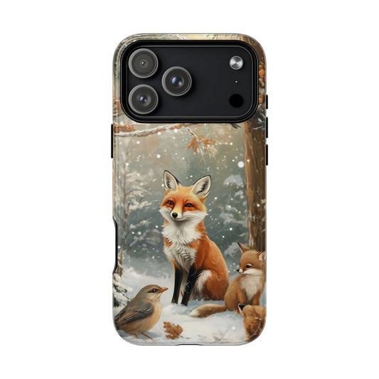 Winter-themed phone case featuring a realistic red fox and its cub in a snowy forest.
