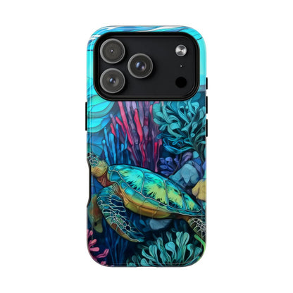 Stained glass style sea turtle phone case with vibrant teal and blue mosaic patterns.