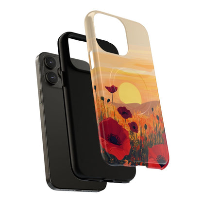 Sunset landscape phone case design with a large sun and detailed red poppy blossoms.