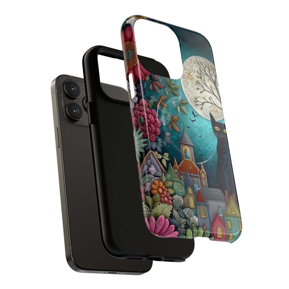 Moody botanical phone case featuring a black cat illustration and colorful meadow flowers.