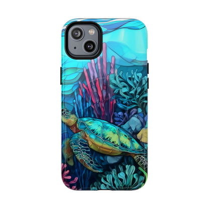 Stained Glass Turtle Phone Case – Coastal Blue Ocean Mosaic Aesthetic