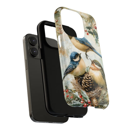 Classic botanical illustration phone case showing songbirds in a snowy, festive nature scene.