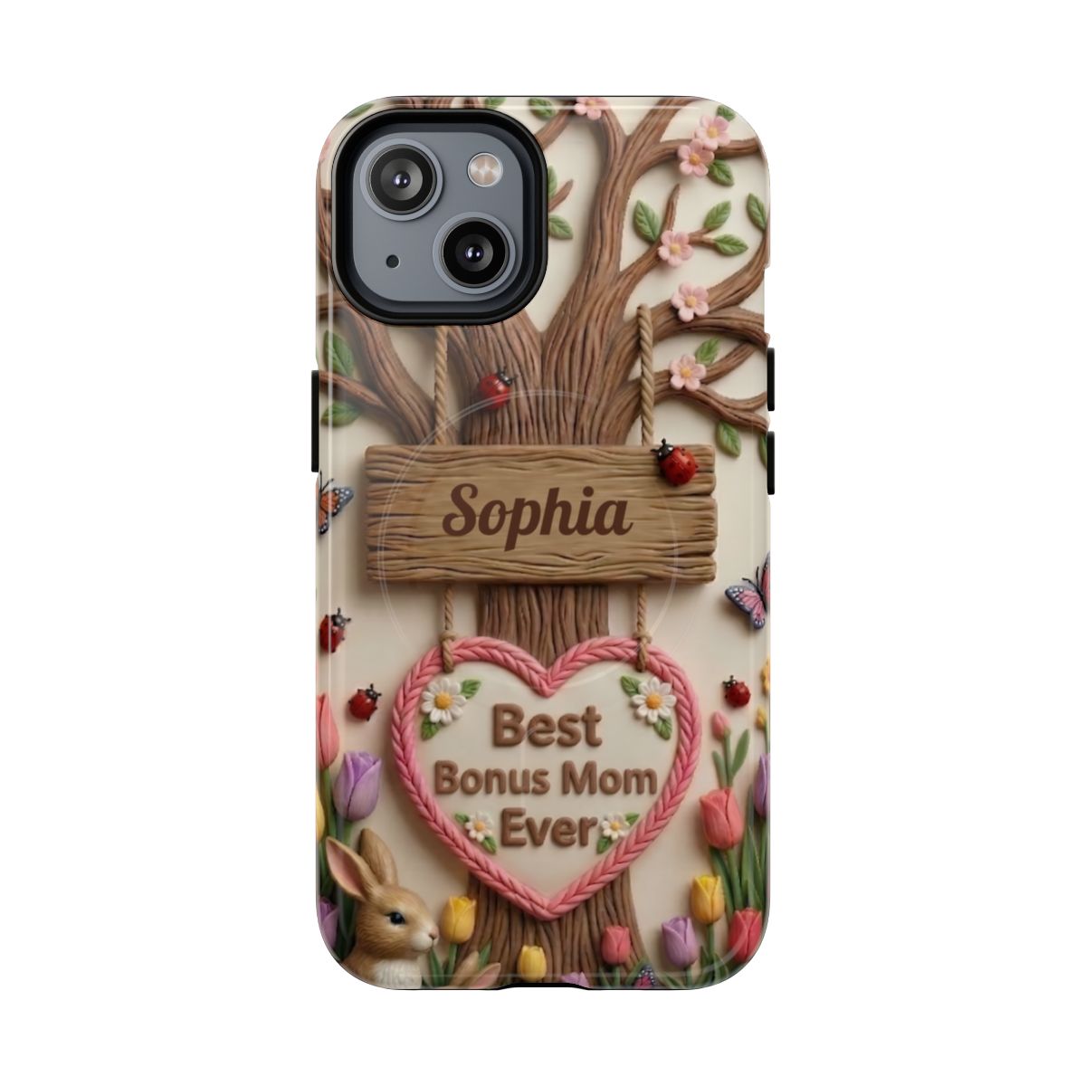 Personalized Bonus Mom Phone Case – Custom Name Clay Spring Garden Aesthetic