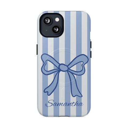 Personalized Coquette Bow Phone Case – Blue Striped Preppy Ribbon Aesthetic