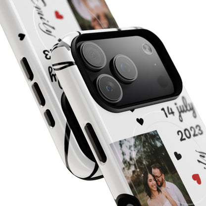 Phone case with heart designs and photos on a white background