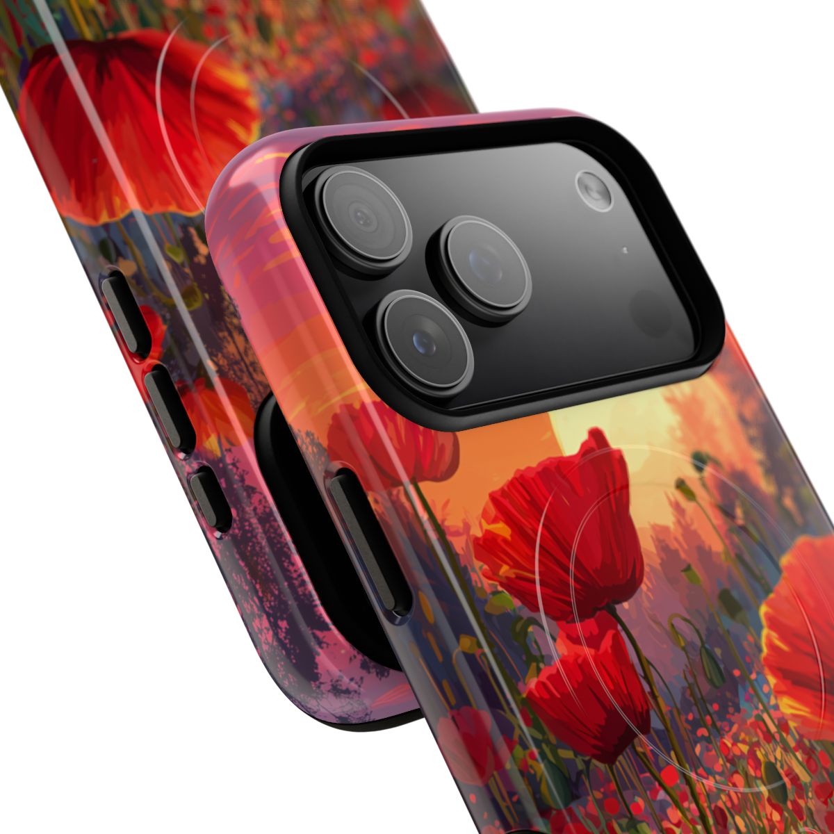 Artistic botanical phone protector showcasing a lush wildflower meadow in rich, warm golden hour tones.