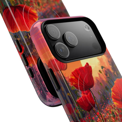 Artistic botanical phone protector showcasing a lush wildflower meadow in rich, warm golden hour tones.