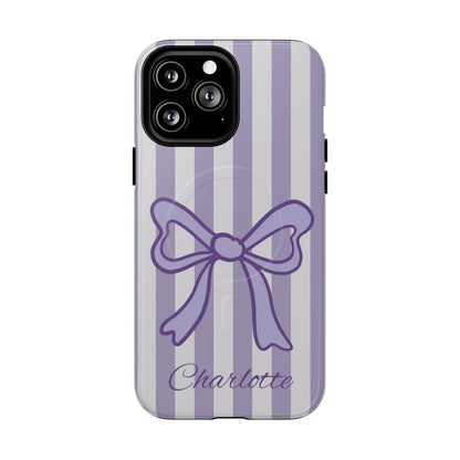 Personalized Lavender Bow Phone Case – Purple Striped Coquette Ribbon Aesthetic