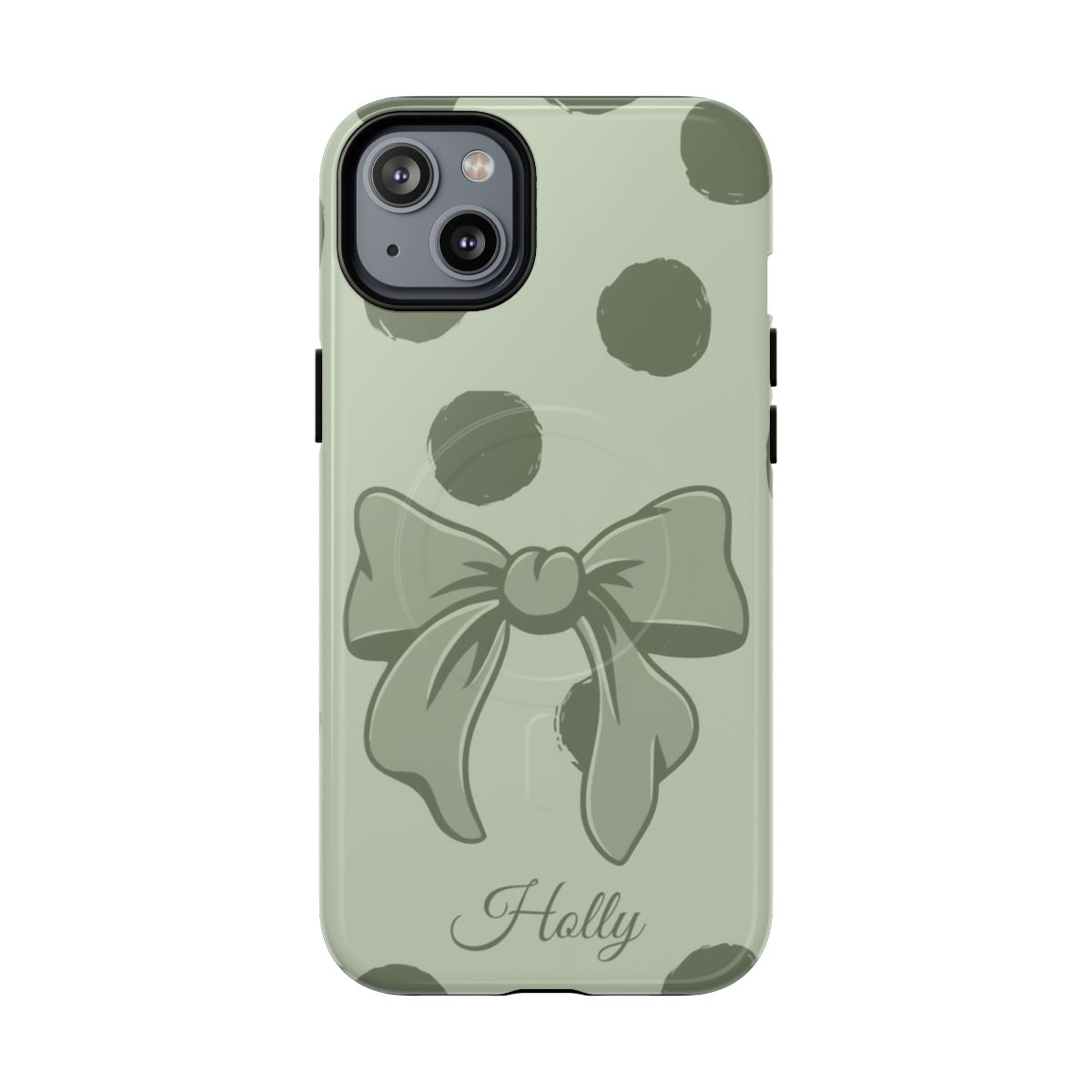 Personalized Sage Green Polka Dot Bow Phone Case – Custom Name Coquette Aesthetic