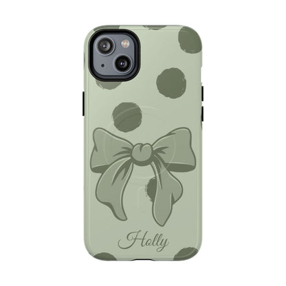 Personalized Sage Green Polka Dot Bow Phone Case – Custom Name Coquette Aesthetic