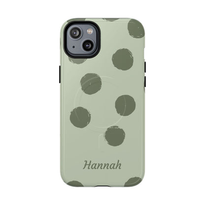 Personalized Sage Green Polka Dot Phone Case – Custom Name Matcha Aesthetic