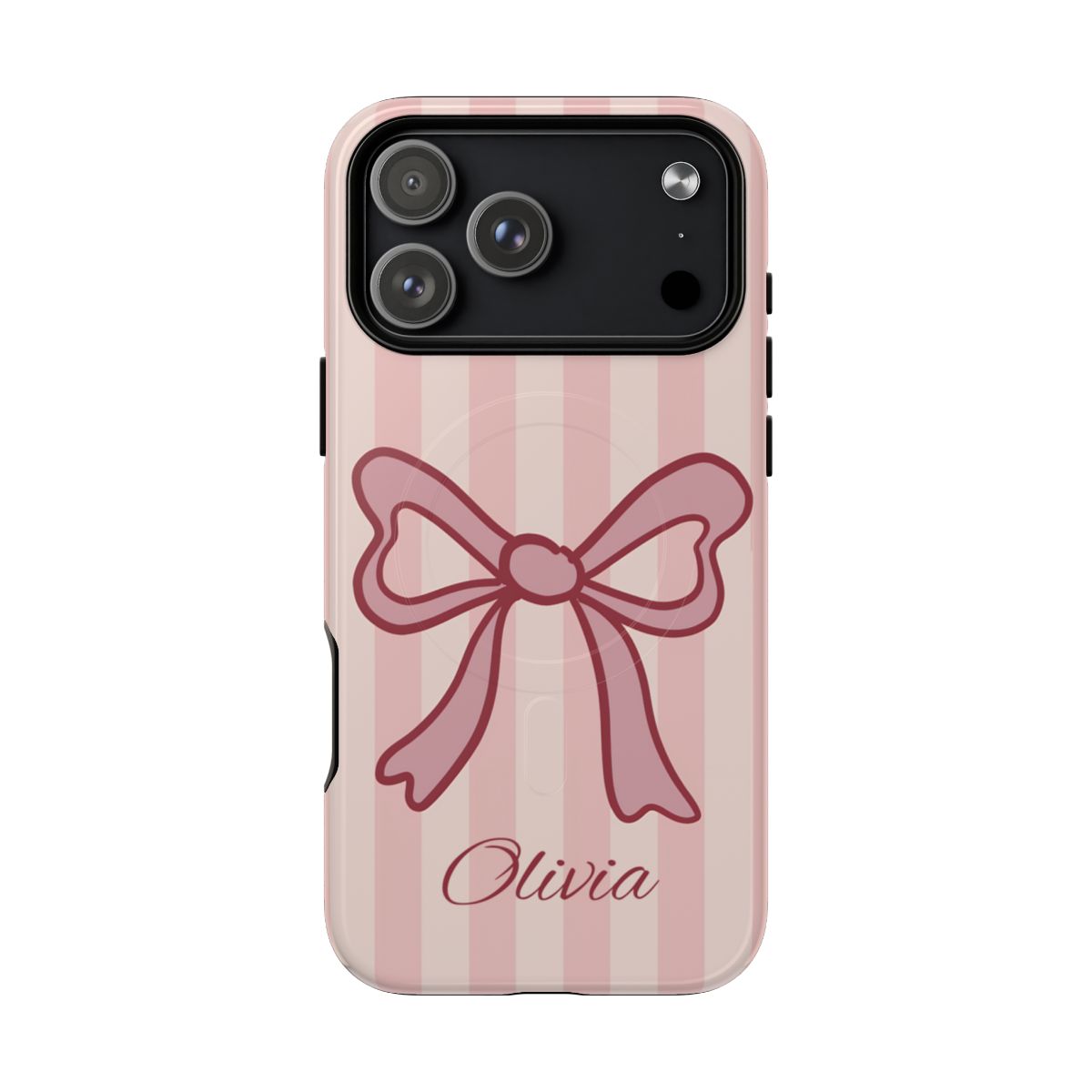 Personalized Pink Bow Phone Case – Soft Pastel Striped Coquette Aesthetic