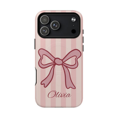 Personalized Pink Bow Phone Case – Soft Pastel Striped Coquette Aesthetic