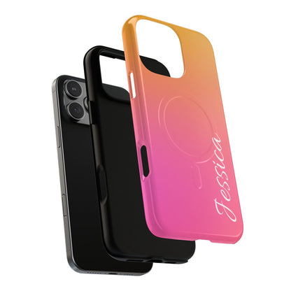 Custom sunset gradient phone case with MagSafe compatibility. The design features a warm orange and pink ombré background with personalized name customization in white calligraphy.