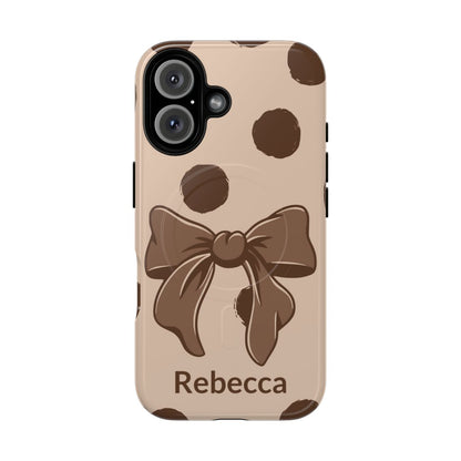 Personalized Brown Polka Dot Bow Phone Case – Custom Name Coquette Retro Aesthetic