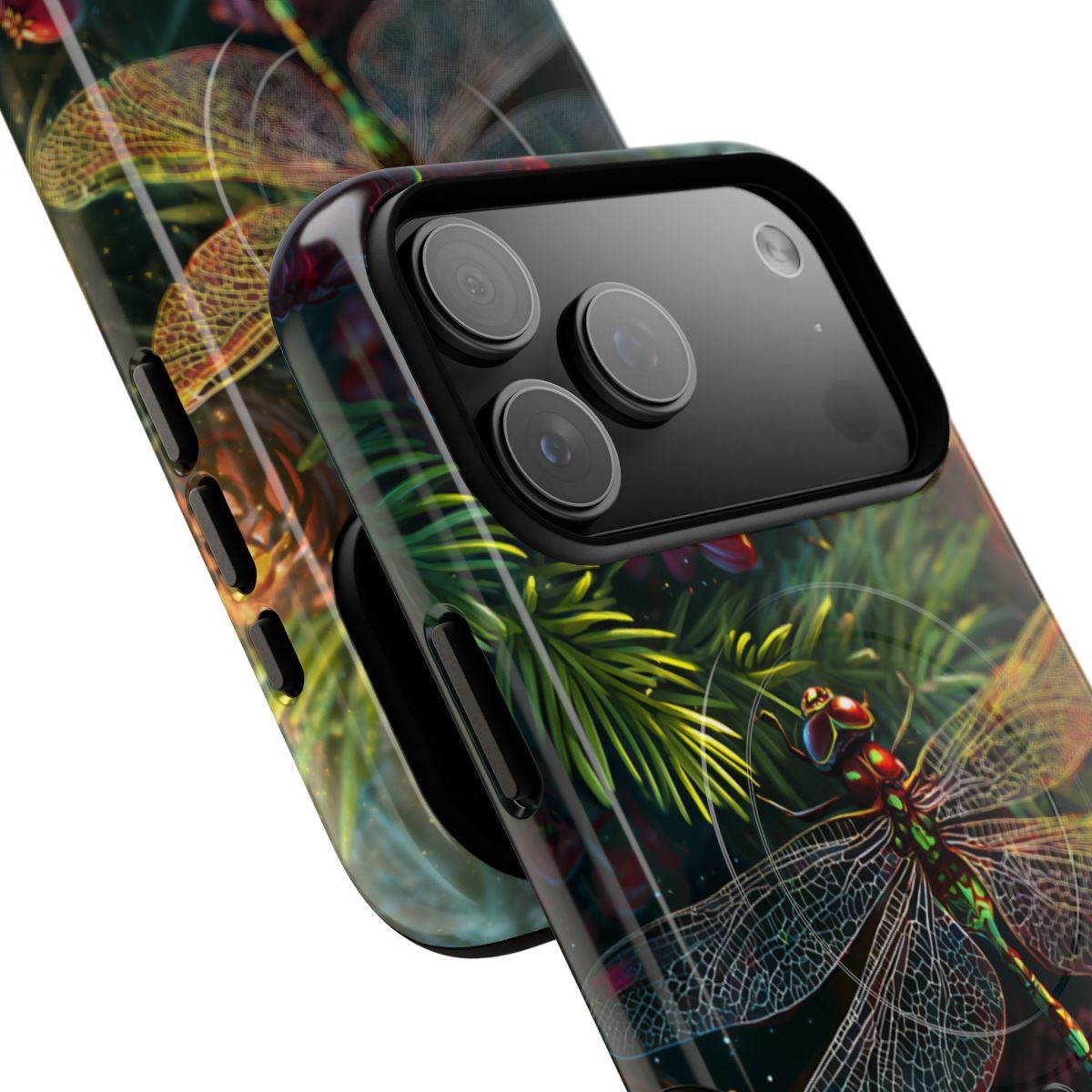 Artistic insect-themed phone protector showcasing a realistic dragonfly amidst lush evergreen needles and red berries.