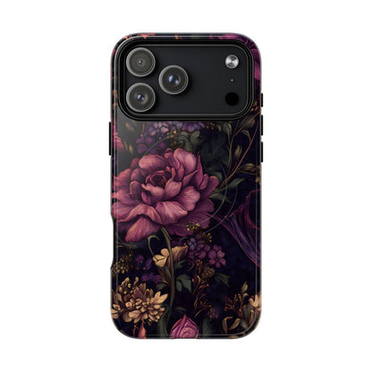Phone case featuring a large deep pink rose surrounded by dark purple and gold botanical illustrations.