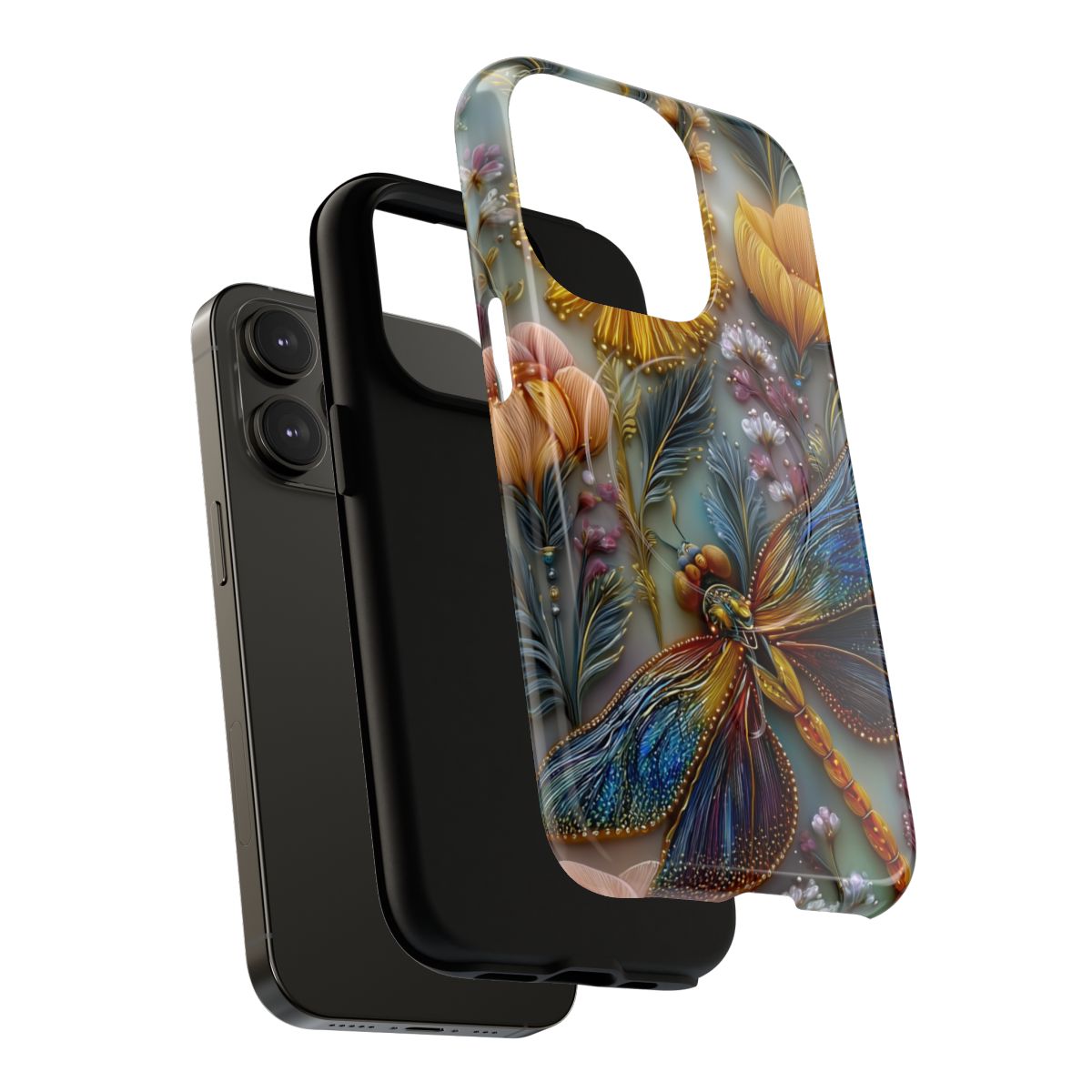 Maximalist nature phone case with a vibrant jeweled dragonfly and whimsical botanical illustrations.