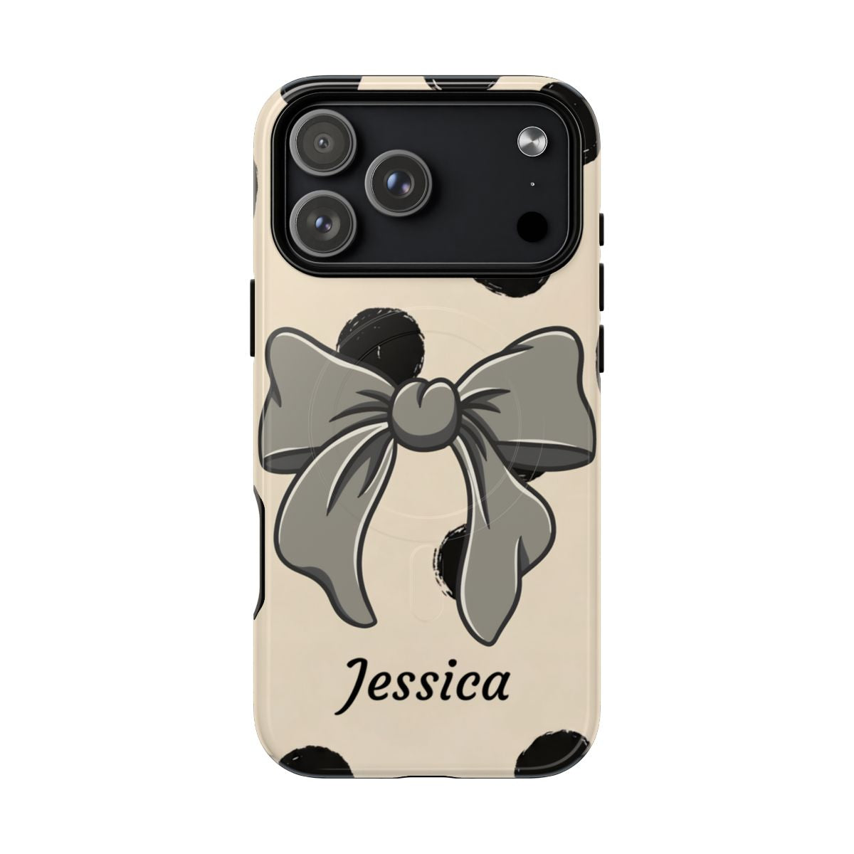 Personalized polka dot bow phone case with custom name in cream and black – coquette retro aesthetic gift for her