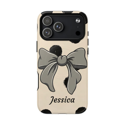 Personalized polka dot bow phone case with custom name in cream and black – coquette retro aesthetic gift for her