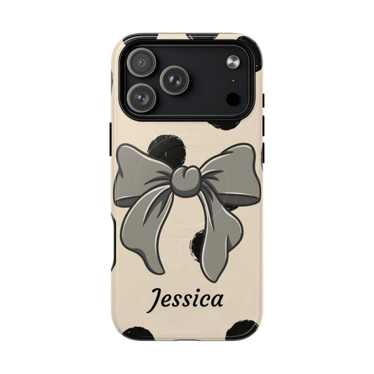 Personalized polka dot bow phone case with custom name in cream and black – coquette retro aesthetic gift for her
