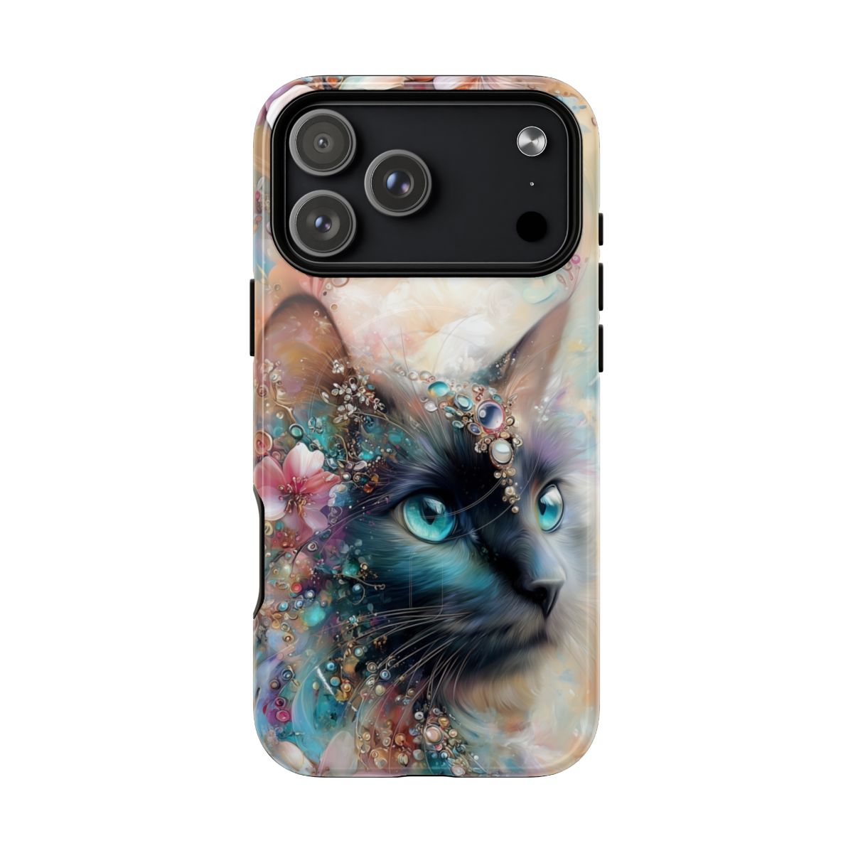 Close-up of a whimsical cat design with bright blue eyes and sparkling jewel accents on the fur.