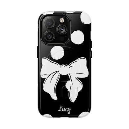 Personalized Black Polka Dot Bow Phone Case – Custom Name Coquette Retro Aesthetic