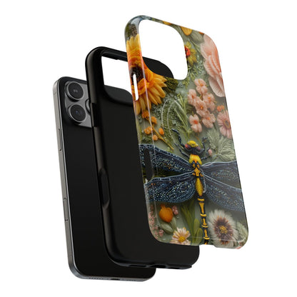 Artistic dragonfly and wildflower phone protector with a dark, sophisticated garden aesthetic.