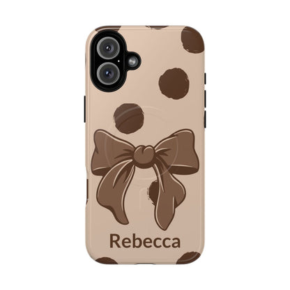 Personalized Brown Polka Dot Bow Phone Case – Custom Name Coquette Retro Aesthetic
