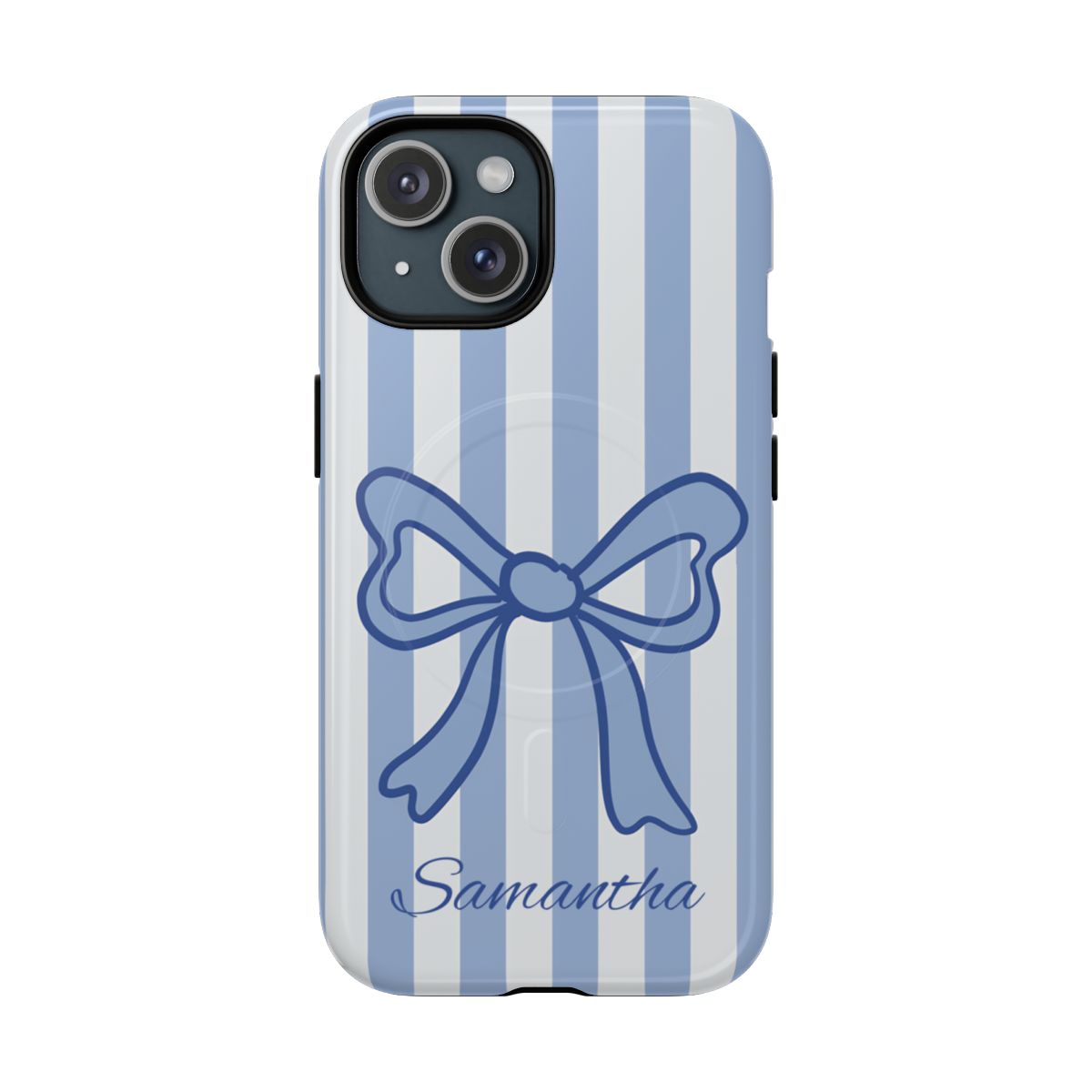 Personalized Coquette Bow Phone Case – Blue Striped Preppy Ribbon Aesthetic