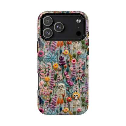 Embroidered Skeleton Flower Phone Case - Gothic Floral Art