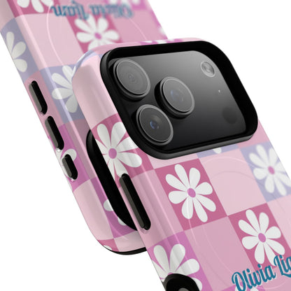 Personalized Pink Floral Checkered Tough Case